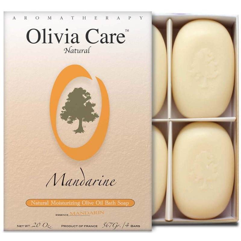 Olivia Care Bath  Body Bar Mandarin Soap 4 Pack Gift Box Organic Vegan  Natural Contains Olive Oil Repairs Hydrates Moisturizes  Deep Cleans Good for Sensitive Dry Skin Made in USA