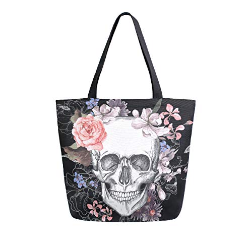 Naanle Day of The Dead Canvas Tote Bag - Large Women's Casual Shoulder Handbag, Floral Skull Reusable Multipurpose Heavy Duty Shopping Grocery Cotton Bag for Outdoors - Image 1