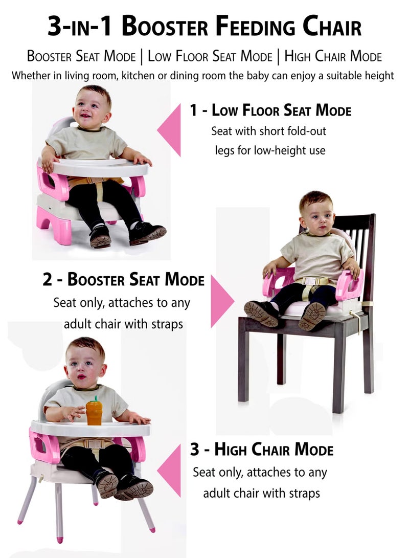 TOTOJOY 3-in-1 Convertible Baby Booster Feeding Chair For Infants with Removable Tray, High Chair and Floor Seat Modes Portable Children Dining Chair Foldable Toddler Seat with Safety Harness and Adjustable Straps Belt Travel-Friendly for Indoor & Outdoor Use 6–24 Months - Image 2