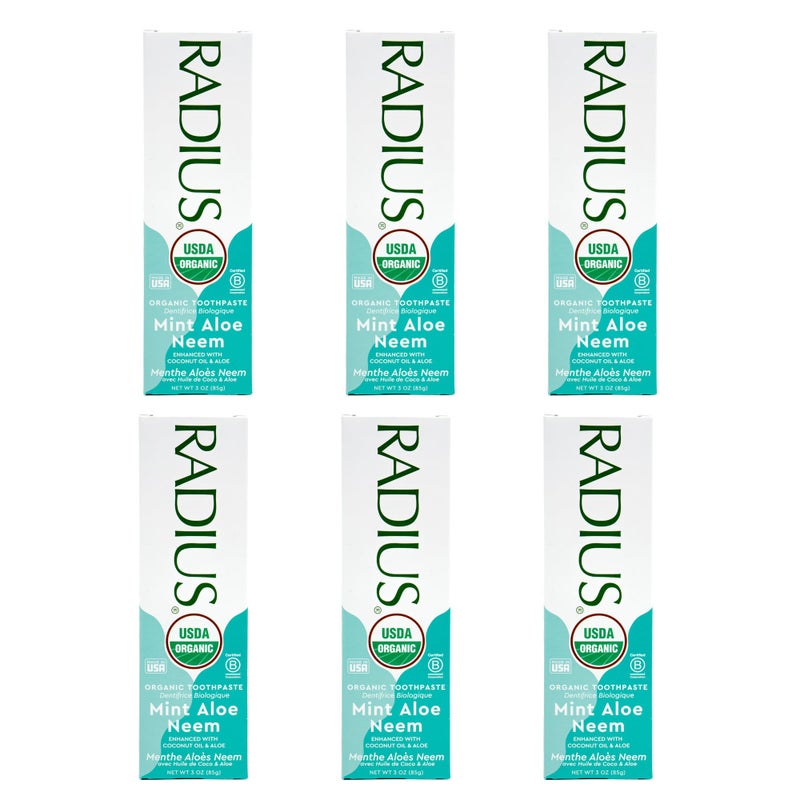 Radius Toothpaste Mint Aloe Neem 3 oz USDA Organic NonToxic ChemicalFree GlutenFree Designed to Improve Gum Health Prevent Cavities Pack of 6 - Image 1