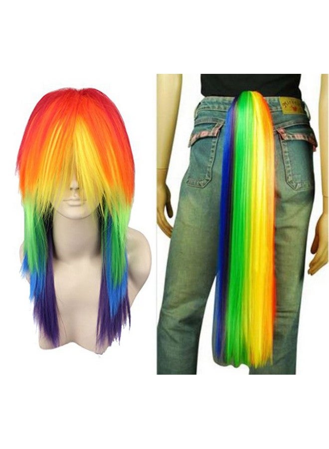Anogol Hair Cap+Long Straight Cosplay Wig with Ponytail Multi-Colored Cosplay Wig Anime Wig Halloween Costume Wig Christmas Party wig - Image 1