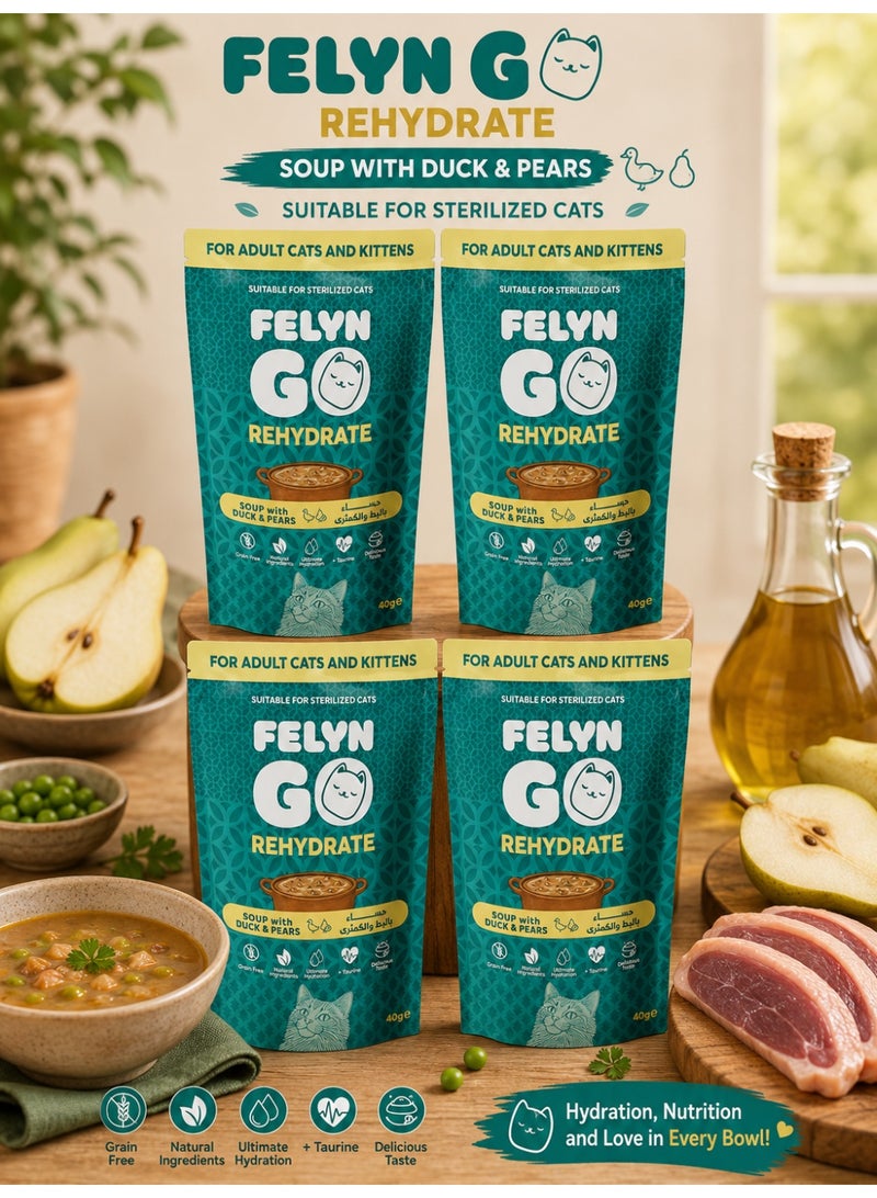 Felyn GO Duck & Pears Soup for Adult Cats & Kittens – 4 Pack Wet Cat Soup – Grain Free Hydration Treat with Taurine – Suitable for Sterilized Cats (40g × 4) - Image 1