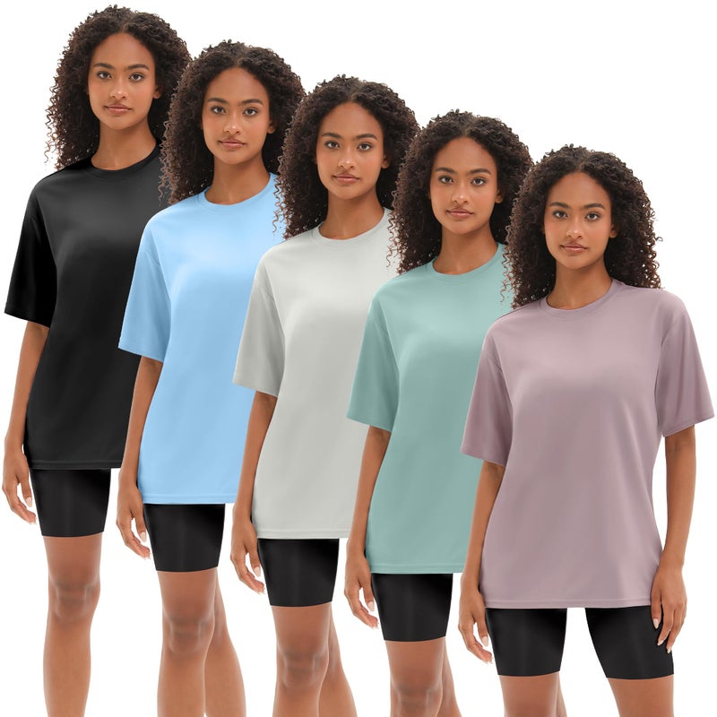 Kinglaman 5 Pack Workout Oversized T Shirts for Women, Short Sleeve Plus Size Baggy Dry Fit Athletic Gym Shirts Tops Tees 1 Black 1 Dark Pink 1 Blue 1 Ash Grey 1 Green Medium - Image 1