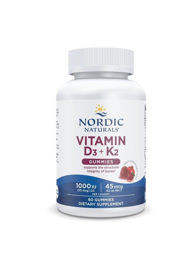 NORDIC NATURALS Vitamin D3 + K2 Gummies, Pomegranate - 60 Gummies - 1000 IU Vitamin D3 + 45 mcg K2 - Great Taste - Bone Health, Promotes Healthy Muscle Function - Non-GMO - 60 Servings  - Image 1