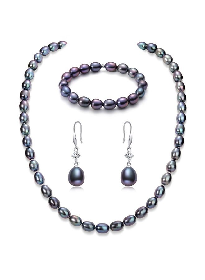 Yami Pearl Necklace and Earrings Set, Black/Purple/White Pearl Jewelry Set, Natural Cultured Pearls with 925 Sterlings Silver, 7.5-8mm, Pearl - Image 1