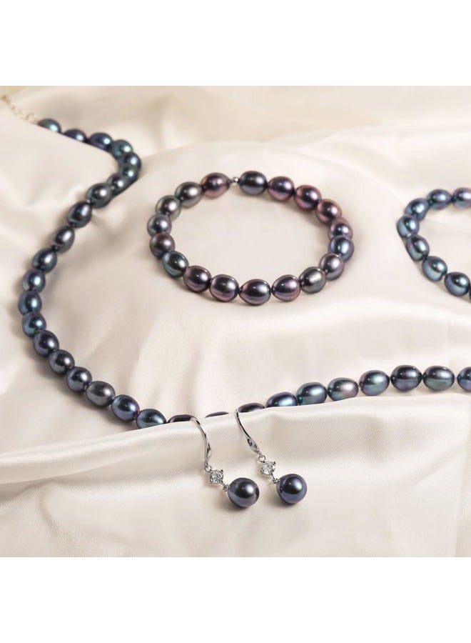 Yami Pearl Necklace and Earrings Set, Black/Purple/White Pearl Jewelry Set, Natural Cultured Pearls with 925 Sterlings Silver, 7.5-8mm, Pearl - Image 3