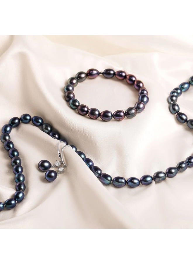 Yami Pearl Necklace and Earrings Set, Black/Purple/White Pearl Jewelry Set, Natural Cultured Pearls with 925 Sterlings Silver, 7.5-8mm, Pearl - Image 4