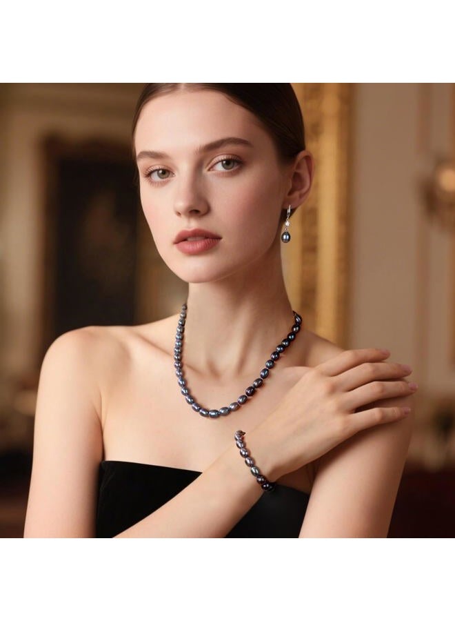 Yami Pearl Necklace and Earrings Set, Black/Purple/White Pearl Jewelry Set, Natural Cultured Pearls with 925 Sterlings Silver, 7.5-8mm, Pearl - Image 2