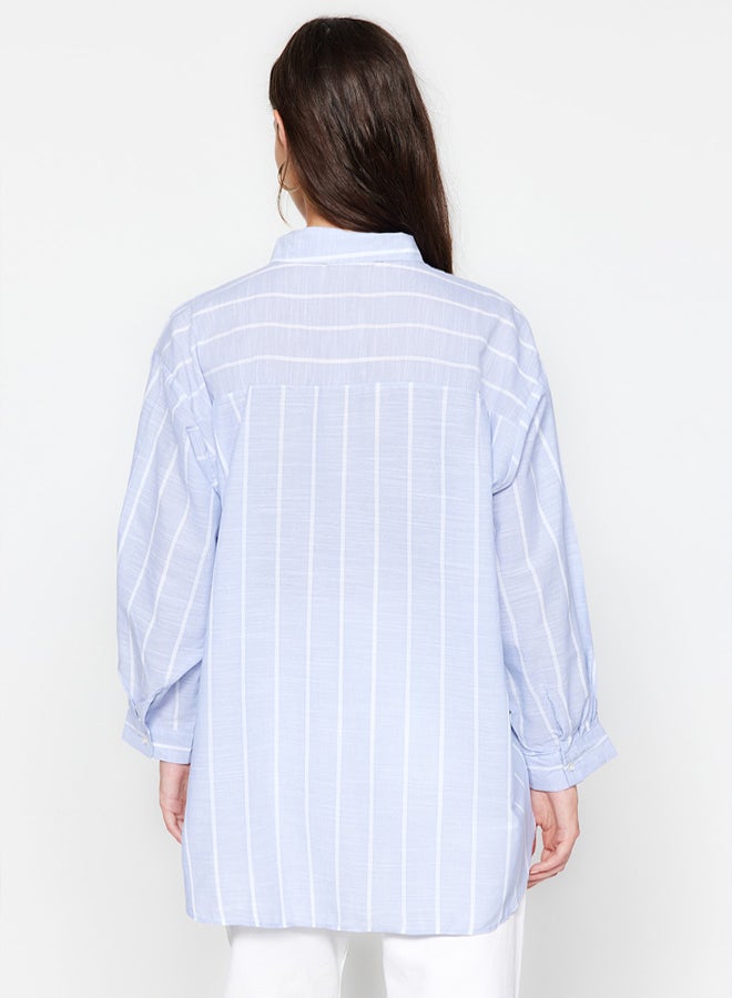 trendyol Blue Striped Oversize/Creature Woven Shirt TWOSS23GO00467 - Image 5