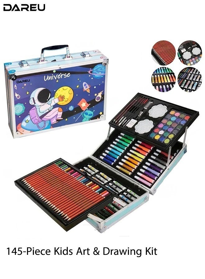DAREU 145-Piece Drawing & Painting Art Kit – Portable Blue Aluminum Case with Crayons, Markers, Pencils & Watercolors - Image 1