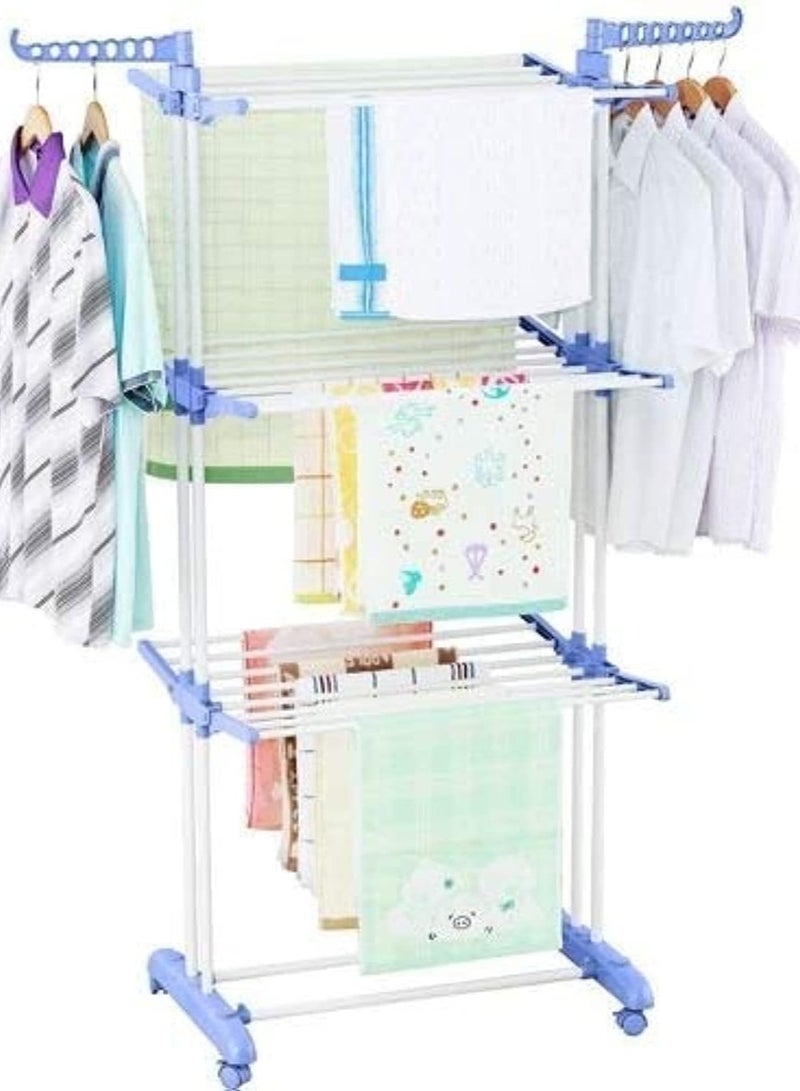 CityRiya-Long Foldable Clothes Dryer Rack Laundry Drying Rack Standing Clothes Drying Stand Laundry Rack Stand Airfoil-Style Rack Hanging Rods 3 Layer & Four 360 Degree Wheels - Image 1