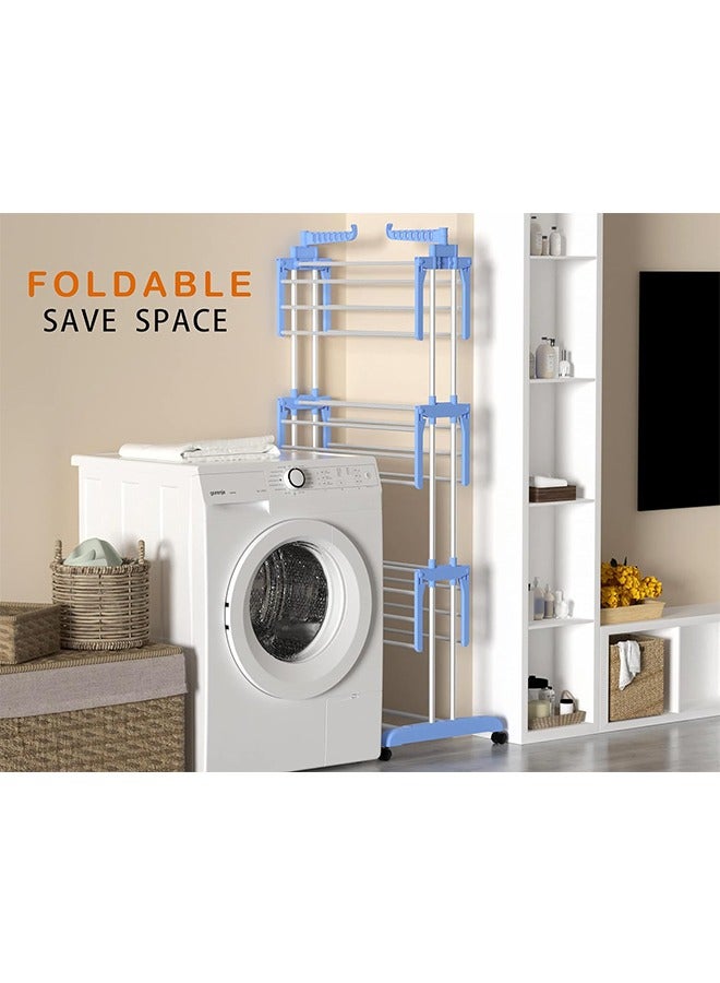 CityRiya-Long Foldable Clothes Dryer Rack Laundry Drying Rack Standing Clothes Drying Stand Laundry Rack Stand Airfoil-Style Rack Hanging Rods 3 Layer & Four 360 Degree Wheels - Image 4