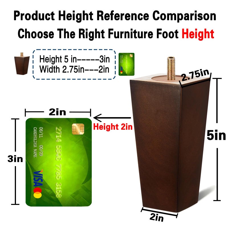 SHANJUE Wood Furniture Legs - 5 inch Sofa Legs Pack of 4 Square Brown Couch Legs, Mid Century Chair Feet, Sofa Replacement Parts, for Dresser, Sideboard, Recliner, Coffee Table - Image 3