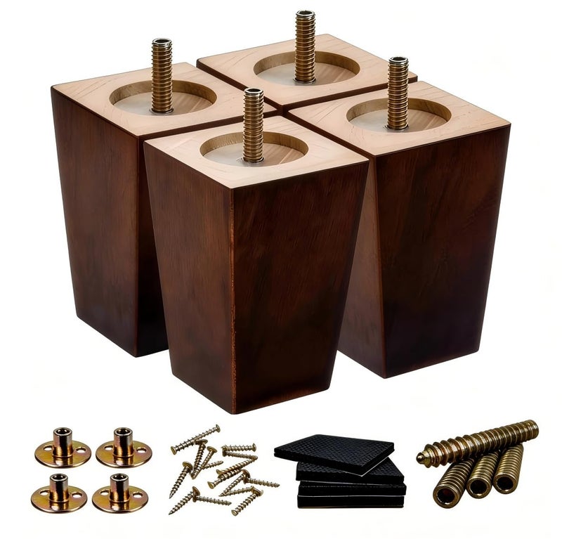 SHANJUE Wood Furniture Legs - 5 inch Sofa Legs Pack of 4 Square Brown Couch Legs, Mid Century Chair Feet, Sofa Replacement Parts, for Dresser, Sideboard, Recliner, Coffee Table - Image 1