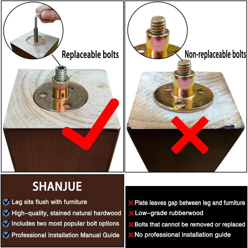 SHANJUE Wood Furniture Legs - 5 inch Sofa Legs Pack of 4 Square Brown Couch Legs, Mid Century Chair Feet, Sofa Replacement Parts, for Dresser, Sideboard, Recliner, Coffee Table - Image 5