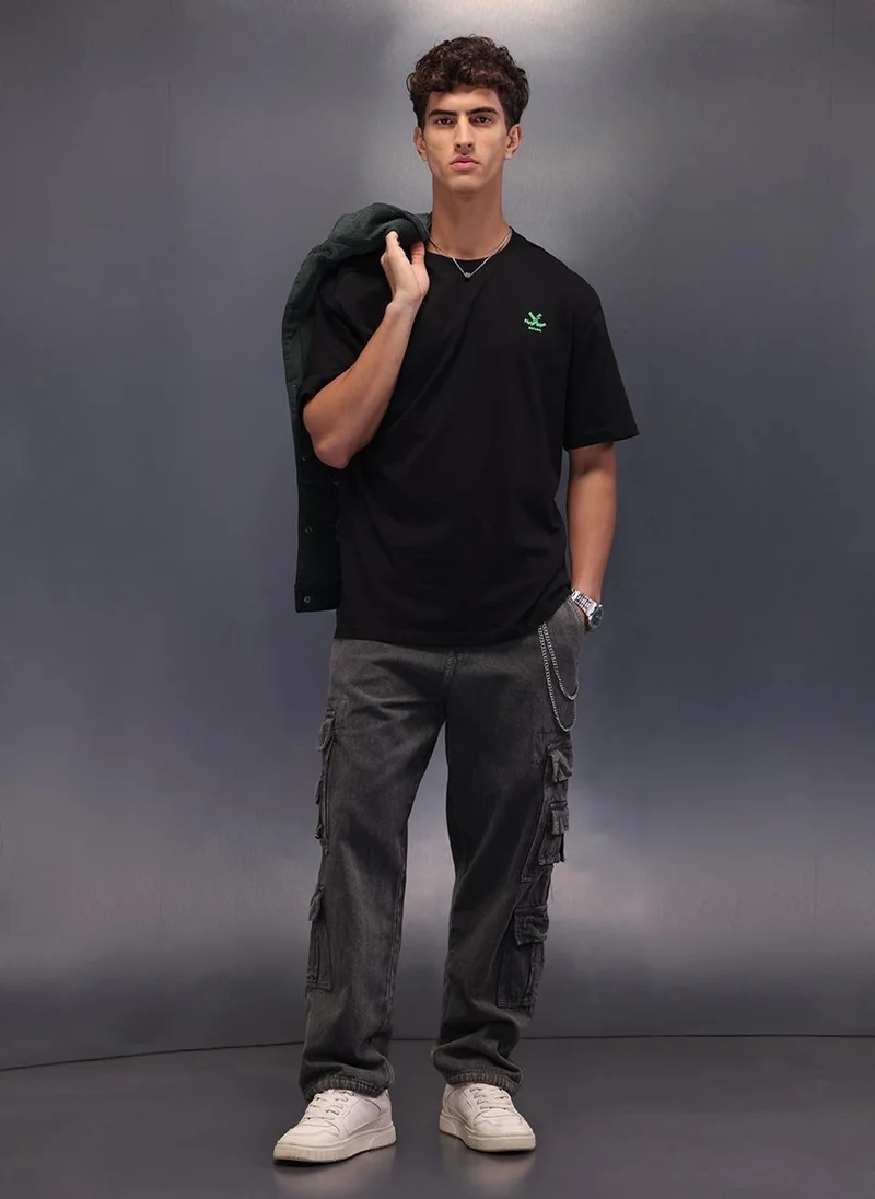 Wrogn Printed Patchwork Oversized T-Shirt | Black