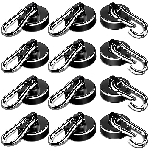LOVIMAG Strong Magnetic Hooks, 70LBS Magnetic Hooks Heavy Duty Strong Neodymium Magnets with Carabiner Hook, Magnet Hooks with Swivel for Kitchen, Hanging, Cruise, Grill, Refrigerator - 12 Pack Black - Image 1