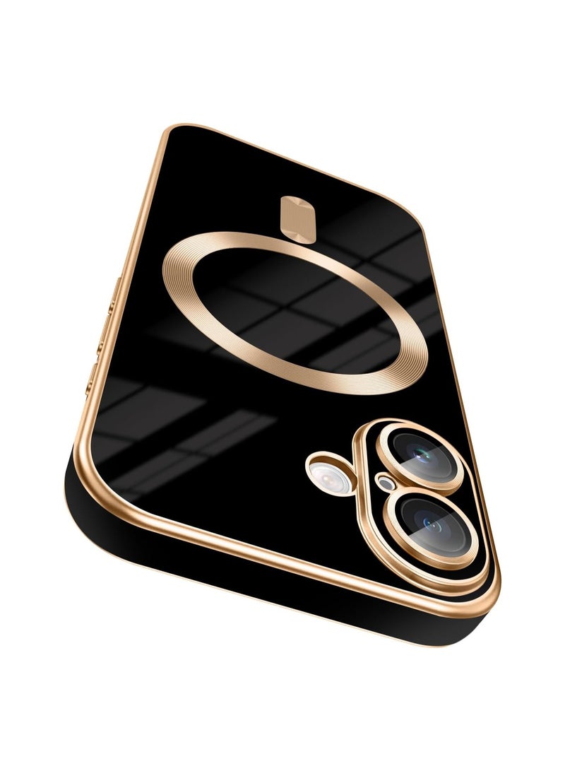 iPhone 16  Case [MagSafe Compatible] Full Camera Lens Protector Gold Plated Edge Soft TPU Shock Resistant Protection Phone Case for Women Men's (6.1 Inch) - Black - Image 1