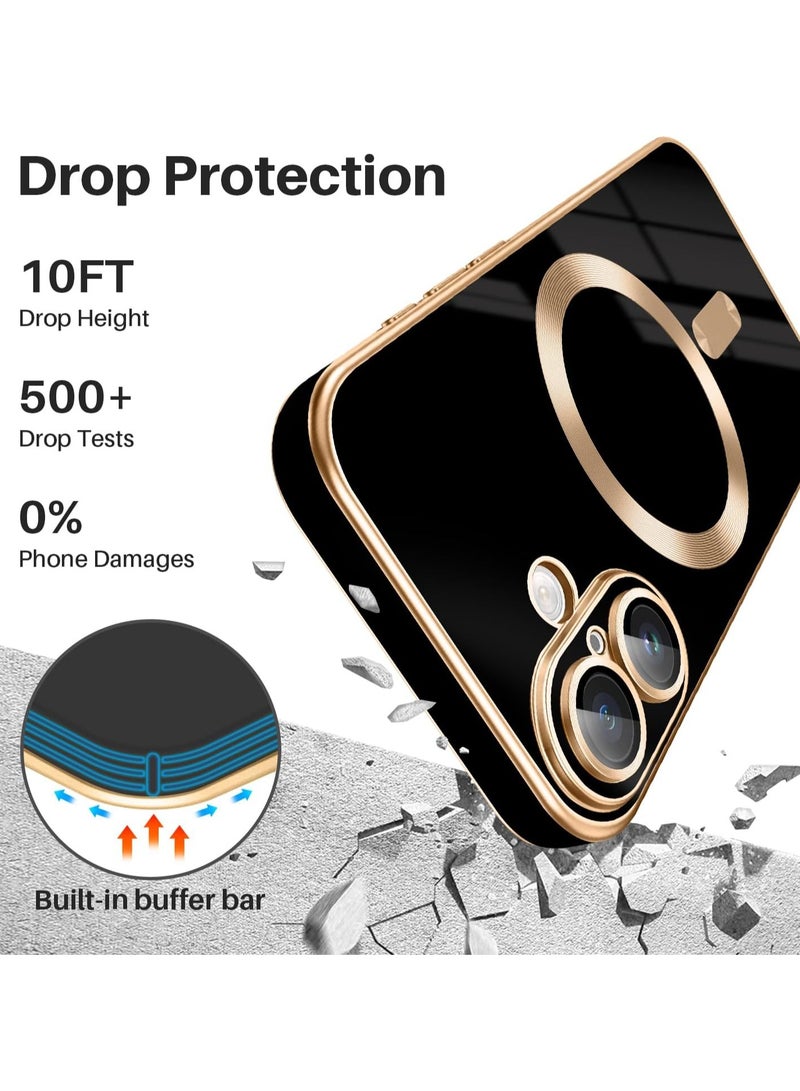 iPhone 16  Case [MagSafe Compatible] Full Camera Lens Protector Gold Plated Edge Soft TPU Shock Resistant Protection Phone Case for Women Men's (6.1 Inch) - Black - Image 2