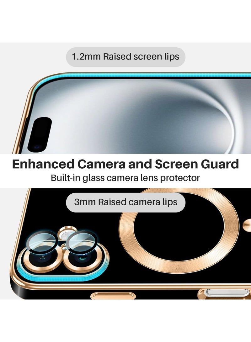 iPhone 16  Case [MagSafe Compatible] Full Camera Lens Protector Gold Plated Edge Soft TPU Shock Resistant Protection Phone Case for Women Men's (6.1 Inch) - Black - Image 3