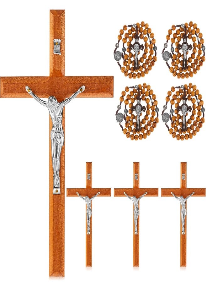Leinuosen 4 Set Handmade Crucifix Wall Cross and Wooden Rosary Beads Jesus Cross Hanging Wood Rosary for Home Wall Pectoral Pendant Necklace Gifts Decor 7.87 Inch - Image 1