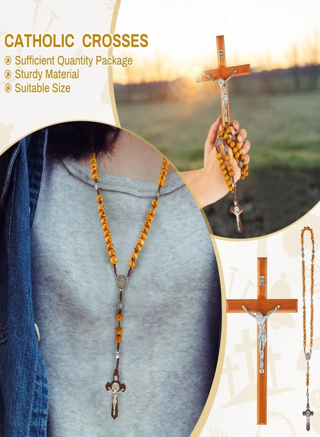 Leinuosen 4 Set Handmade Crucifix Wall Cross and Wooden Rosary Beads Jesus Cross Hanging Wood Rosary for Home Wall Pectoral Pendant Necklace Gifts Decor 7.87 Inch - Image 3