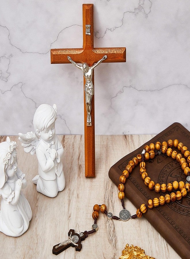 Leinuosen 4 Set Handmade Crucifix Wall Cross and Wooden Rosary Beads Jesus Cross Hanging Wood Rosary for Home Wall Pectoral Pendant Necklace Gifts Decor 7.87 Inch - Image 4