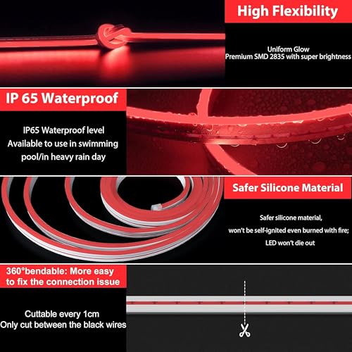 Gesto 16.4 Feet Neon LED Strip Light with 12V Adapter | Cuttable & Flexible Waterproof Rope Light for Wall Decor, Indoor & Outdoor Decoration, Custom Names, Signage & Diwali Decorative Lighting- Red - Image 3