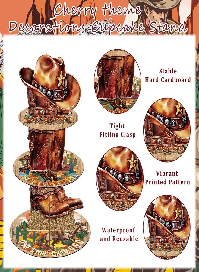 Keluna Western Cowboy Birthday Party Decorations - 3 Tier Cowboy Themed Cupcake Stand Wild West Party Decor Boots on The Ground Dessert Tower Holder for Birthday Western Theme Baby Shower Decorations - Image 3
