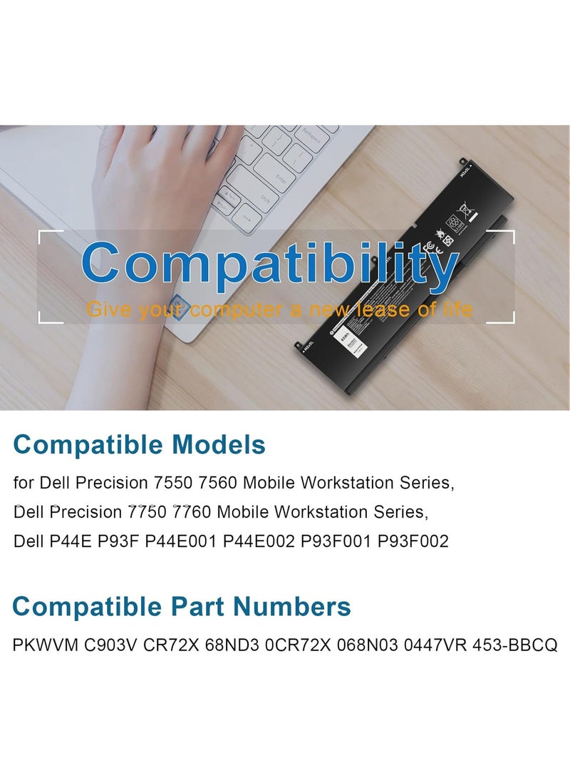 Terabyte PKWVM Laptop Battery Replacement for Dell Precision 7550 7560 7750 7760 Mobile Workstation P44E P93F P44E001 P44E002 P93F001 P93F002 C903V CR72X 0CR72X 0447VR 068N03 17C06 453-BBCQ - Image 3