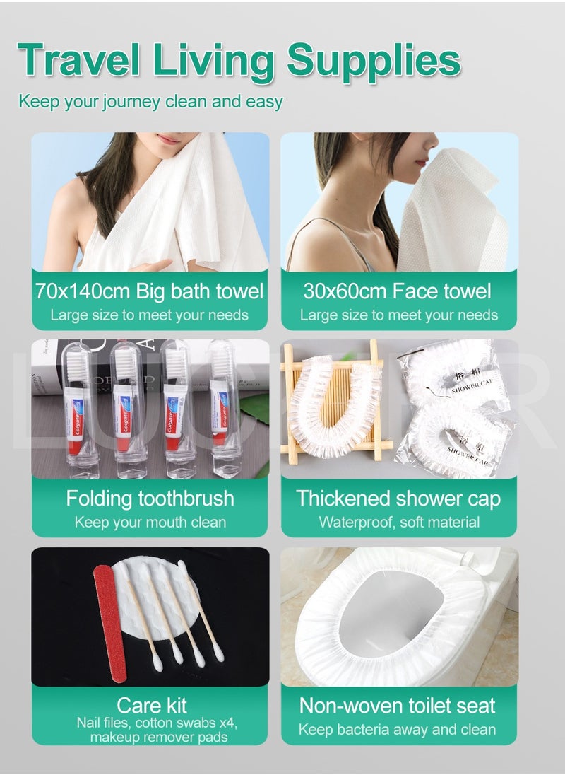 LUCKIER Travel essentials, disposable set includes bath towel, face towel, shower cap, toothbrush, dental floss, beard razor, comb, care kit, socks, toilet mat. Disposable travel supplies, suitable for outdoor camping, travel, and home backup.  - Image 5