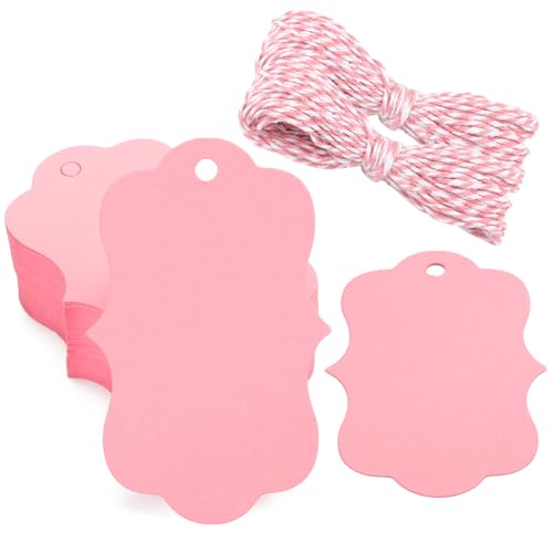 G2PLUS 100PCS Pink Paper Gift Tags with String 35x24 in Blank Hang Tags Wedding Favor Tag Present Name Label Tag for Gift Wrapping Pricing Mothers Day Valentines Day Party Favors - Image 2