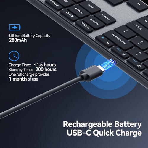 AUSDOM 2.4G Wireless Bluetooth Keyboard Full Size, Quiet Slim Multi-Device Rechargeable Cordless QWERTY Keyboard with Number Pad, Low Profile Silent Flat Universal Keyboards for Computer/Mac/Windows - Image 5