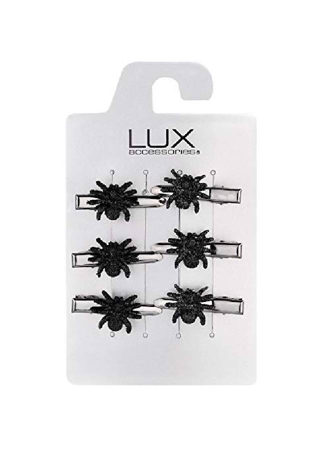 Lux Accessories Halloween Set Of 6 Silvertone Finish Mini Hair Clips With Black Spiders - Image 1