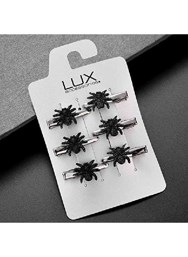 Lux Accessories Halloween Set Of 6 Silvertone Finish Mini Hair Clips With Black Spiders - Image 3