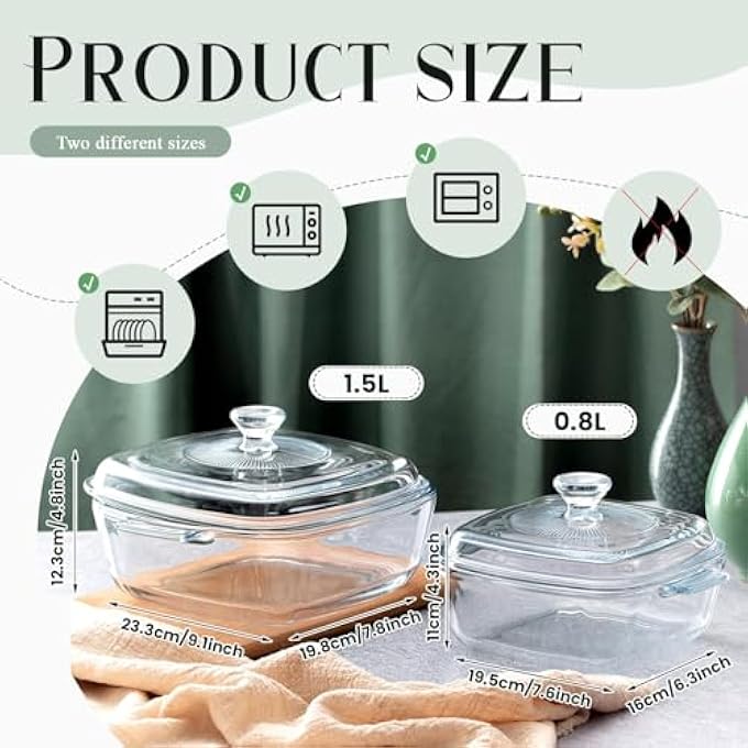 rayihni 2 Pieces Glass Casserole Dish With Lid Baking Casserole Dish Covered Cookware Microwave Bowls With Handle For Kitchen Restaurant Home Party Cooking Oven Safe Square 08L 15L - Image 3