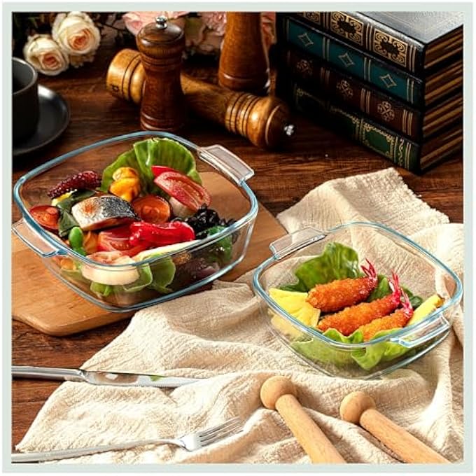 rayihni 2 Pieces Glass Casserole Dish With Lid Baking Casserole Dish Covered Cookware Microwave Bowls With Handle For Kitchen Restaurant Home Party Cooking Oven Safe Square 08L 15L - Image 5