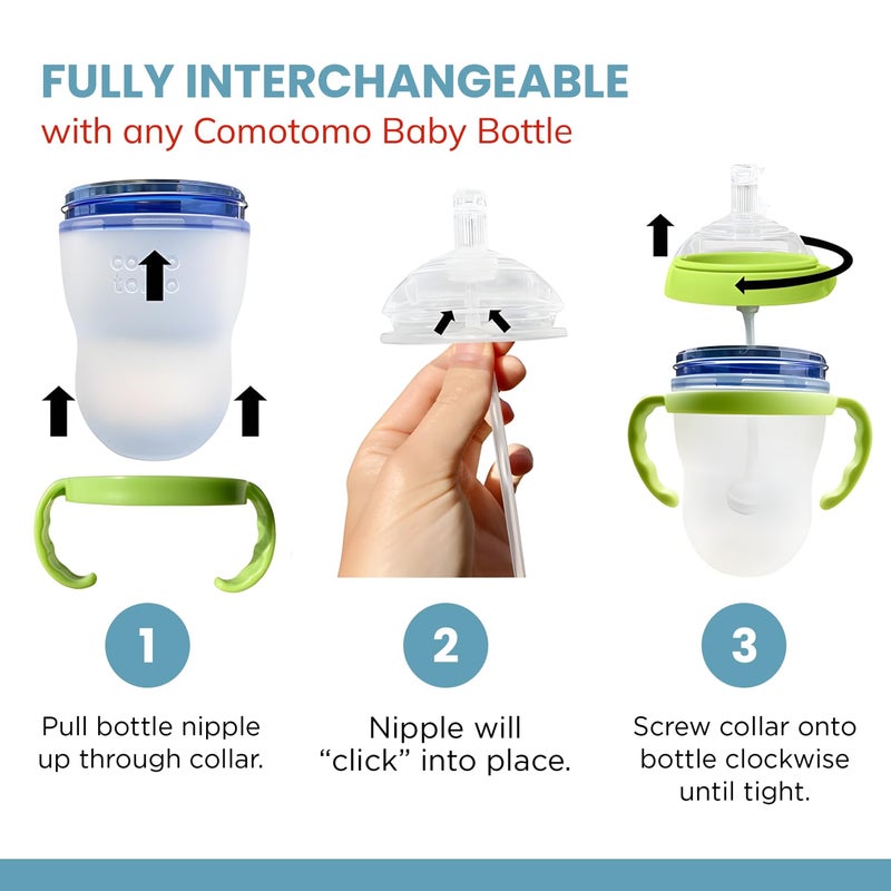 Botabee Straw Transition Cup Kit for Comotomo Baby Bottles | Conversion Kit Fits 5 Ounce and 8 Ounce Bottles | Soft, Silicone Straw Top Bottle Nipple & Weighted Straw to Help Baby Transition | 2 Pack (Green) - Image 3