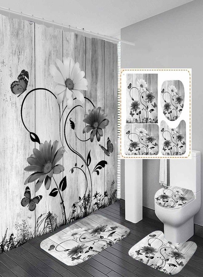 AAtter 4 Piece Black Floral Shower Curtain Set Farmhouse White Grey Flower Vintage 60Wx72L Inch Decor with Non-Slip Rugs, Toilet Lid Cover and Bath Mat Bathroom Accessories Home Bathtub Set, Rustic - Image 2