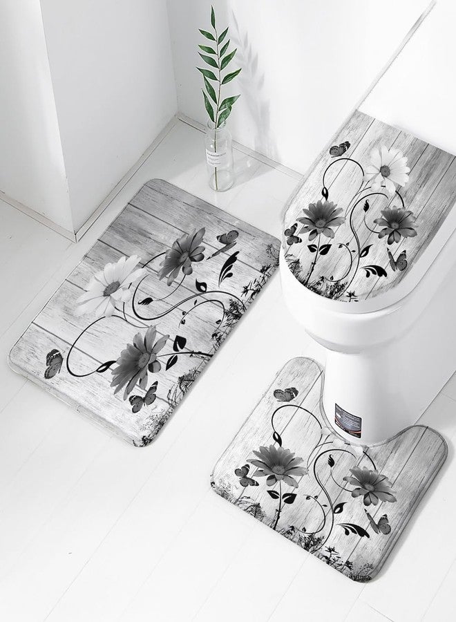 AAtter 4 Piece Black Floral Shower Curtain Set Farmhouse White Grey Flower Vintage 60Wx72L Inch Decor with Non-Slip Rugs, Toilet Lid Cover and Bath Mat Bathroom Accessories Home Bathtub Set, Rustic - Image 3