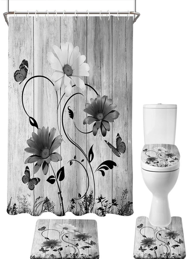AAtter 4 Piece Black Floral Shower Curtain Set Farmhouse White Grey Flower Vintage 60Wx72L Inch Decor with Non-Slip Rugs, Toilet Lid Cover and Bath Mat Bathroom Accessories Home Bathtub Set, Rustic - Image 1