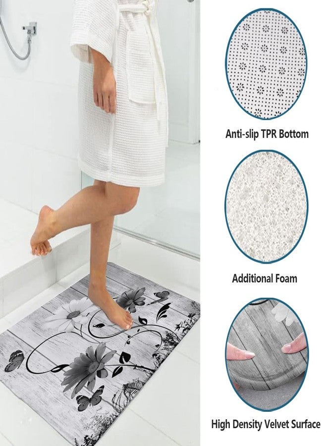 AAtter 4 Piece Black Floral Shower Curtain Set Farmhouse White Grey Flower Vintage 60Wx72L Inch Decor with Non-Slip Rugs, Toilet Lid Cover and Bath Mat Bathroom Accessories Home Bathtub Set, Rustic - Image 4