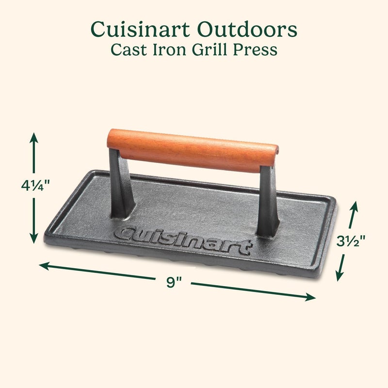 Cuisinart ضغط الشواء من الحديد الزهر مع مقبض خشبي، ضغط برجر مستطيل غير لاصق ثقيل، ملحق شواء مثالي للستيك، لحم الخنزير المقدد، البانيني والمزيد - Image 2