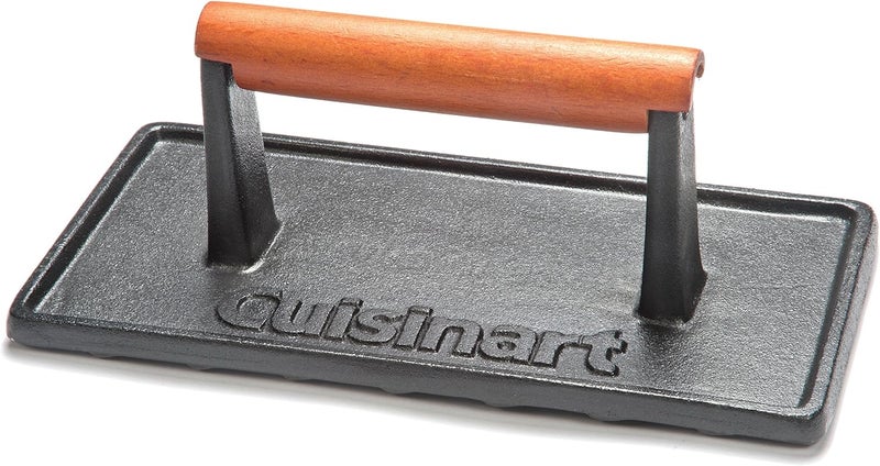 Cuisinart ضغط الشواء من الحديد الزهر مع مقبض خشبي، ضغط برجر مستطيل غير لاصق ثقيل، ملحق شواء مثالي للستيك، لحم الخنزير المقدد، البانيني والمزيد - Image 1