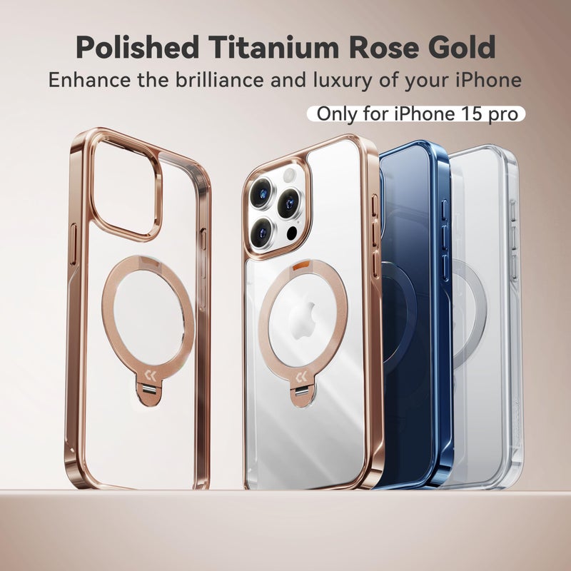 CASEKOO Desert Titanium 360Â° Polished for iPhone 15 Pro Case with Spin Magnetic Stand [Compatible with Magsafe][16FT Military Protection] Clear Back Titanium Alloy Sturdy Stand 6.1'', Rose Gold - Image 2