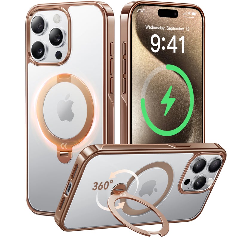 CASEKOO Desert Titanium 360Â° Polished for iPhone 15 Pro Case with Spin Magnetic Stand [Compatible with Magsafe][16FT Military Protection] Clear Back Titanium Alloy Sturdy Stand 6.1'', Rose Gold - Image 1