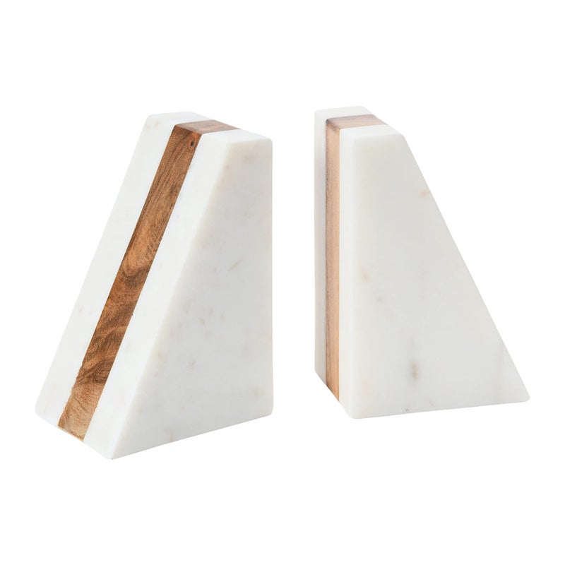 Main  Mesa Marble Geometric Bookends with Wood Inlay White