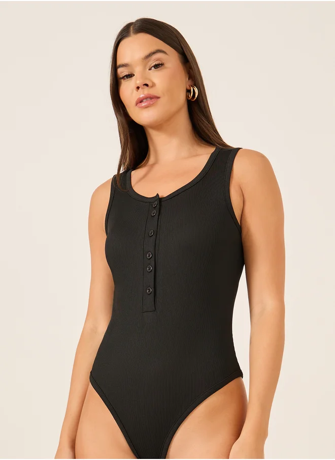 Styli Ribbed Button Front Sleeveless Jersey Bodysuit