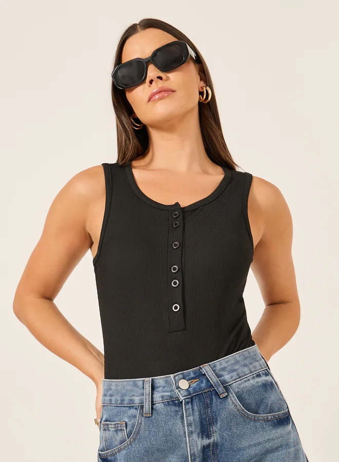 Styli Ribbed Button Front Sleeveless Jersey Bodysuit