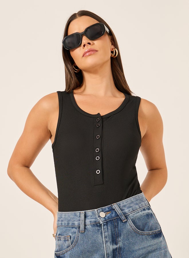 Styli Ribbed Button Front Sleeveless Jersey Bodysuit - Image 3